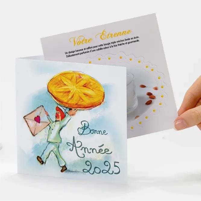 Carte de voeux bonheur et galette pour attirer des clients dans votre boulangerie